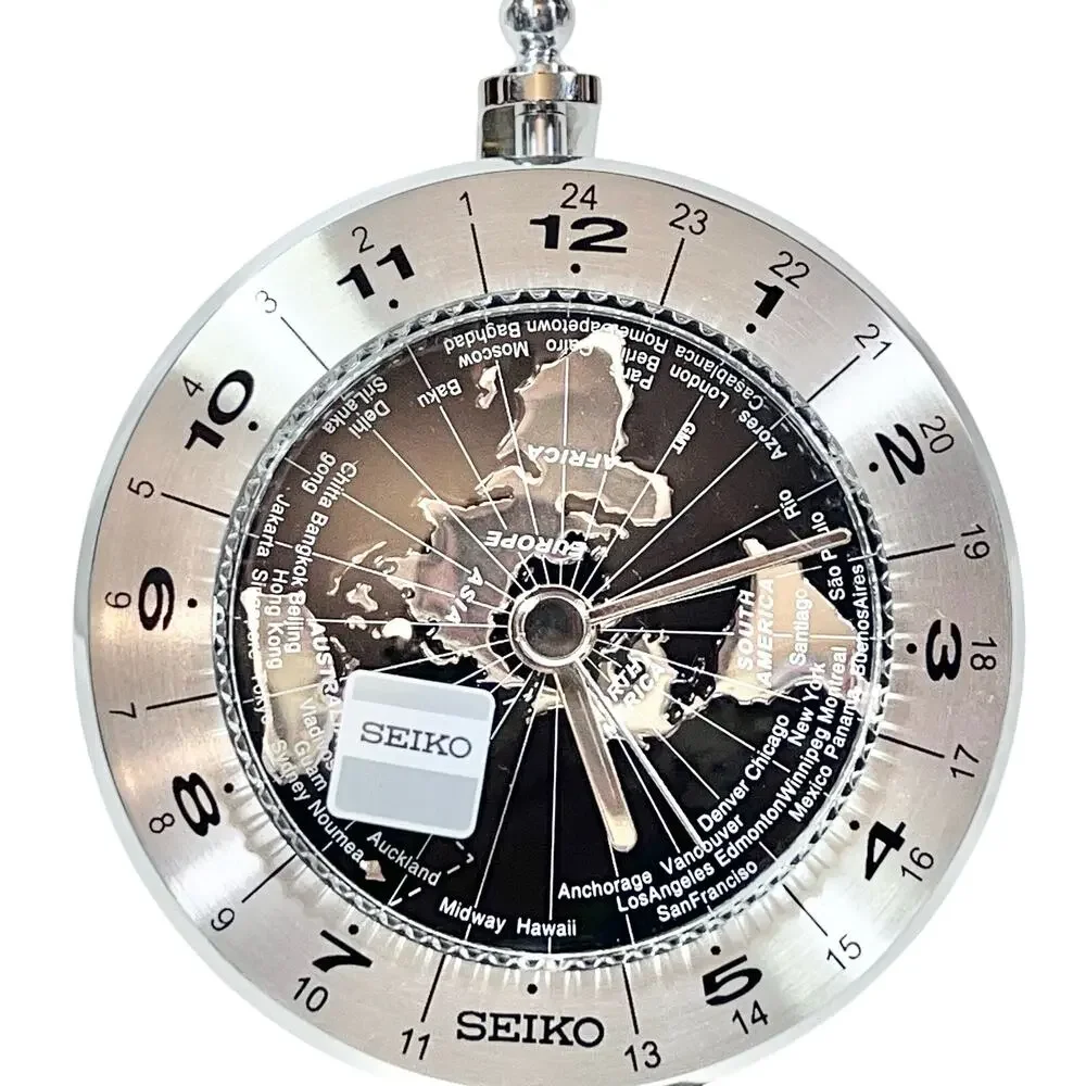 Seiko World Time Globe Desk Table Clock Silver-Tone QHG106S New
